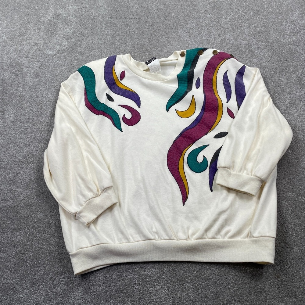 Teddi Sport Crew Neck Vector Art Knit Pullover Sweater Women's Size XL Ivory